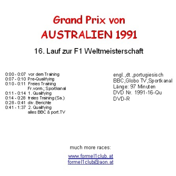 1991 16 Qualifying,... Australien Adelaide (= 2 DVD !)