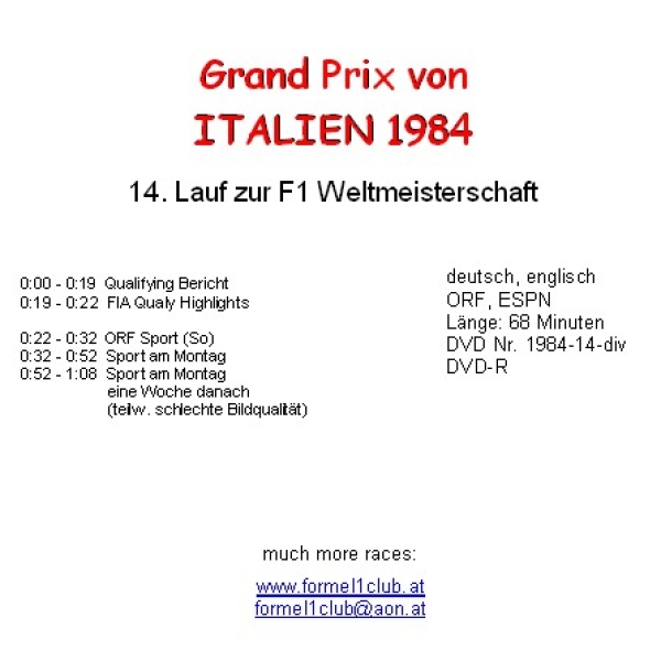 1984 14 Qualifying (Fr. & Sa),... Italien Monza (= 3 DVD !)